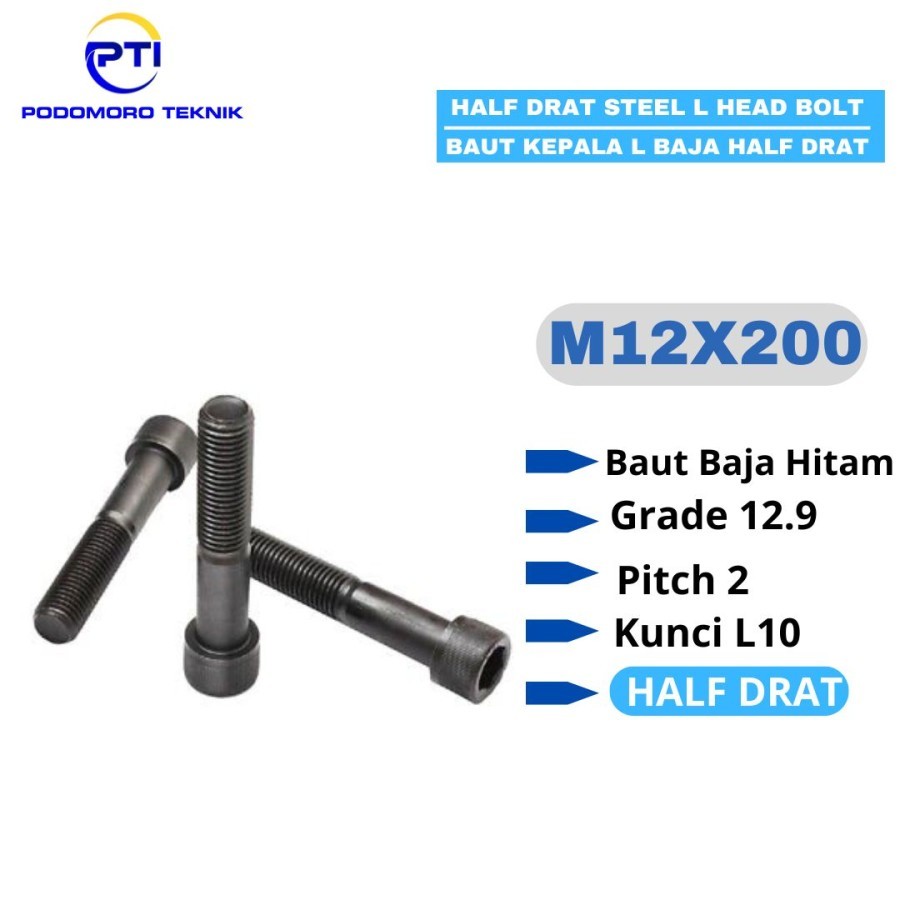 Baut L M12X200 HALF DRAT Baut L Hitam / Baja 12.9 M12 X 200 HALF DRAT