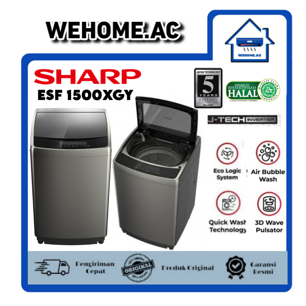 Mesin Cuci Sharp 1 Tabung ESF1500XGY Mesin Cuci Satu Tabung Inverter 15Kg Sharp Top Loading JTech-In