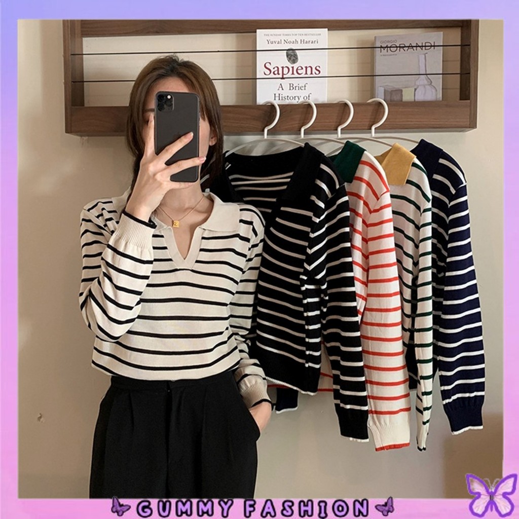 •GUMMY•BJ1618 Baju Knitwear Sweater Crop Rajut Sweater Garis Bahan Rajut  CropTop Lengan Panjang