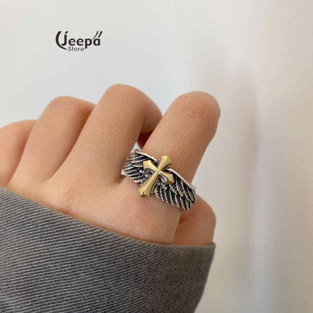 Cincin Sayap Malaikat Paduan Salib | Cincin Salib Gold Adjustable | Cross Angel Wing Open Ring Men W