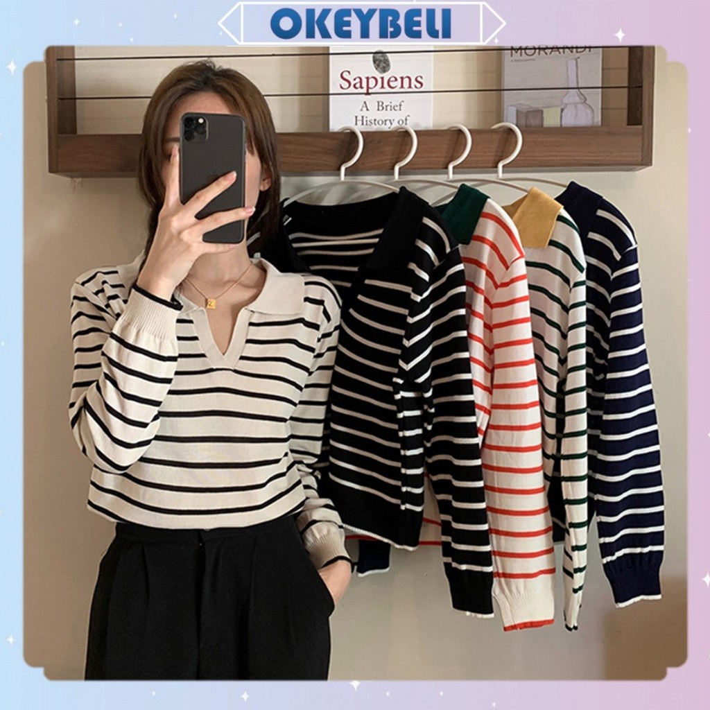 SWE OKEY BELIBJ1618 Baju Knitwear Sweater Crop Rajut Sweater Garis Bahan Rajut CropTop Lengan