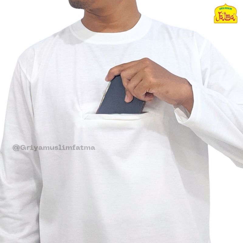 Kaos Haji Umroh Putih Lengan Panjang Pria Kantong Depan Premium Jumbo Ukuran M-XXL