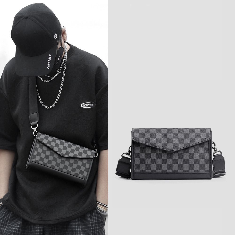 TAS SELEMPANG KULIT PREMIUM PRIA WANITA UNISEX MOTIF KOTAK #TP2402 SLINGBAG HITAM ELEGANT TAS SIMPEL
