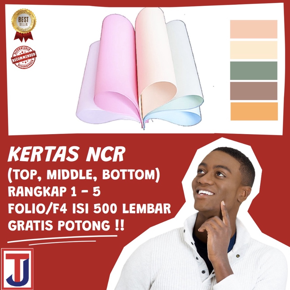 

KODE X87Q Kertas NCR Multi Copy Multicopy Top Middle Bottom 15 Ply Ukuran Folio F4 A4 isi 5 lembar warna putih pink kuning hijau biru