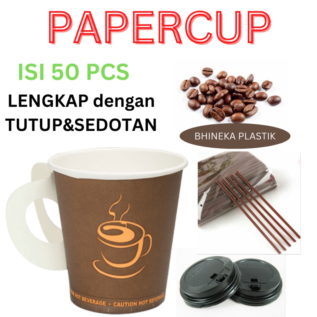 PAKET HEMAT PaperCup Kuping  Gelas kertas Gagang  Tutup  Sedotan isi 5pcs Paper cup Gelas Kertas Gel