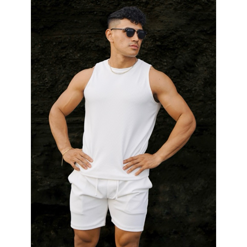 BEACHWELL Tanktop Pria RIB GARIS Putih Hitam Polos - Jimbaran Series Sportwear