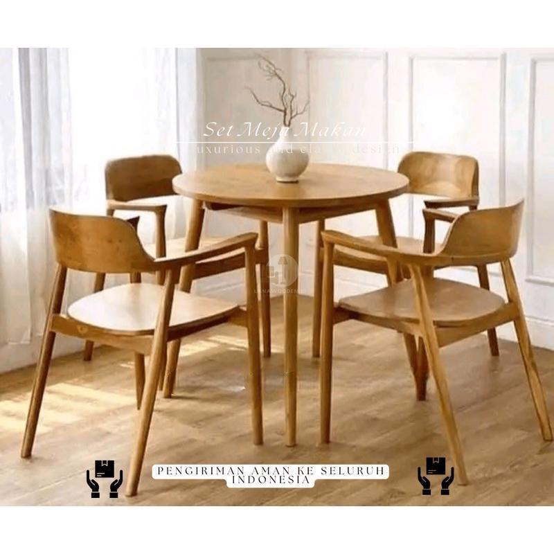 Set Meja Cafe Resto Bulat 4 Kursi Kayu Jati | Meja Teras Tamu - Minimalis dan Elegan