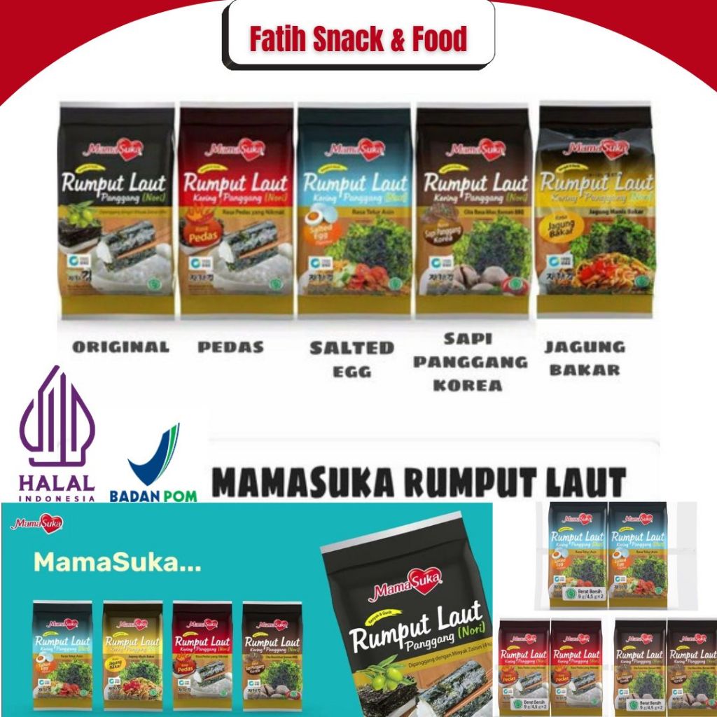 

Mama Suka Rumput Laut Panggang Ori/ Pedas/ BBQ/ Salted Egg/ Jagung Bakar Isi 2 @4,5gr