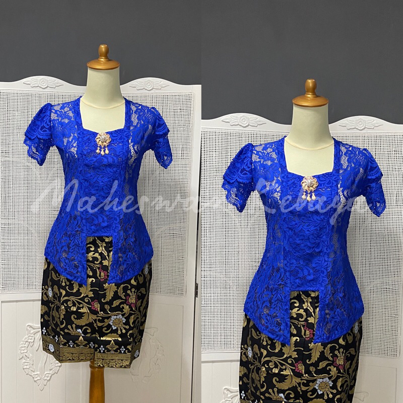Kebaya Bali Set Brukat Lilit Biru Elektrik Rok Pendek