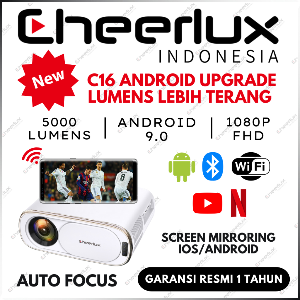 PROYEKTOR C16 ANDROID CHEERLUX 5000 LUMENS PROYEKTOR KONEK HP ANDROID WIFI MIRRORING BLUETOOTH
