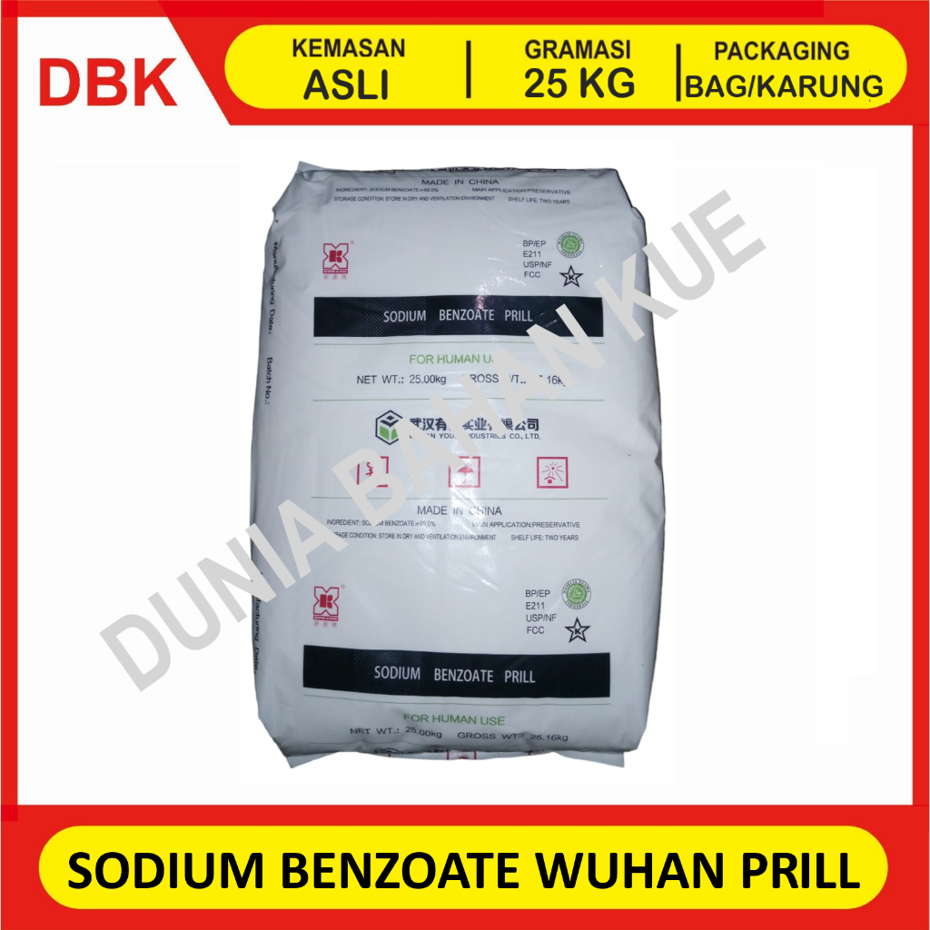

(KHUSUS INSTANT/GOSEND) SODIUM BENZOATE WUHAN PRILL HITAM - 1 BAG 25 KG / PENGAWET MAKANAN FOOD GRADE