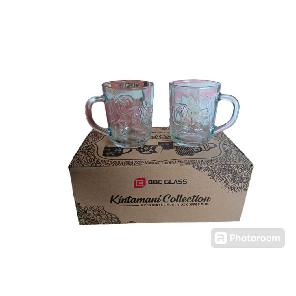 Gelas Kopi Gagang Motif Bunga isi 1 Dus 6 Pcs