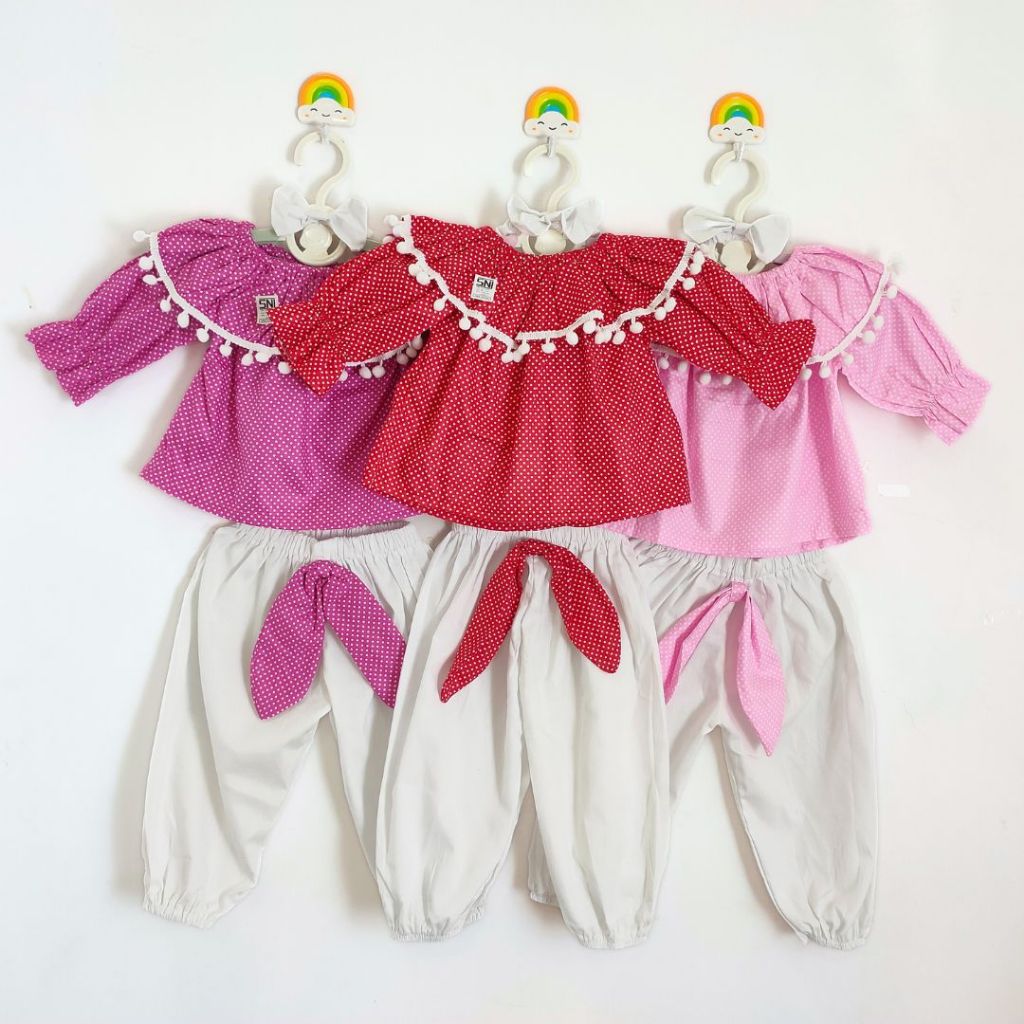 Termurah Set Baju Celana Fashion Anak Perempuan Sabrina Polka Pom Pom (FL)