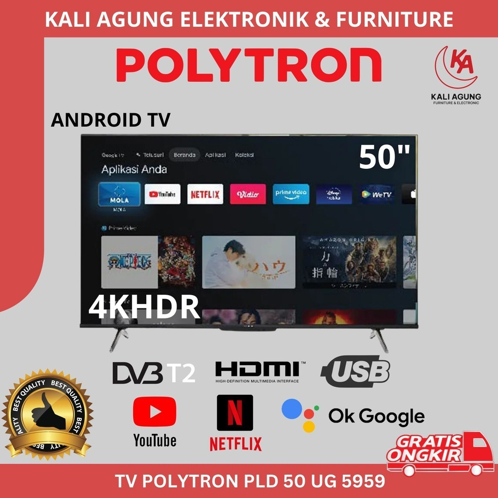 TV LED ANDROID POLYTRON 50 IN / ANDROID TV / 4K HDR / 50 UG 5959 / GRATIS PENGIRIMAN KOTA SERANG