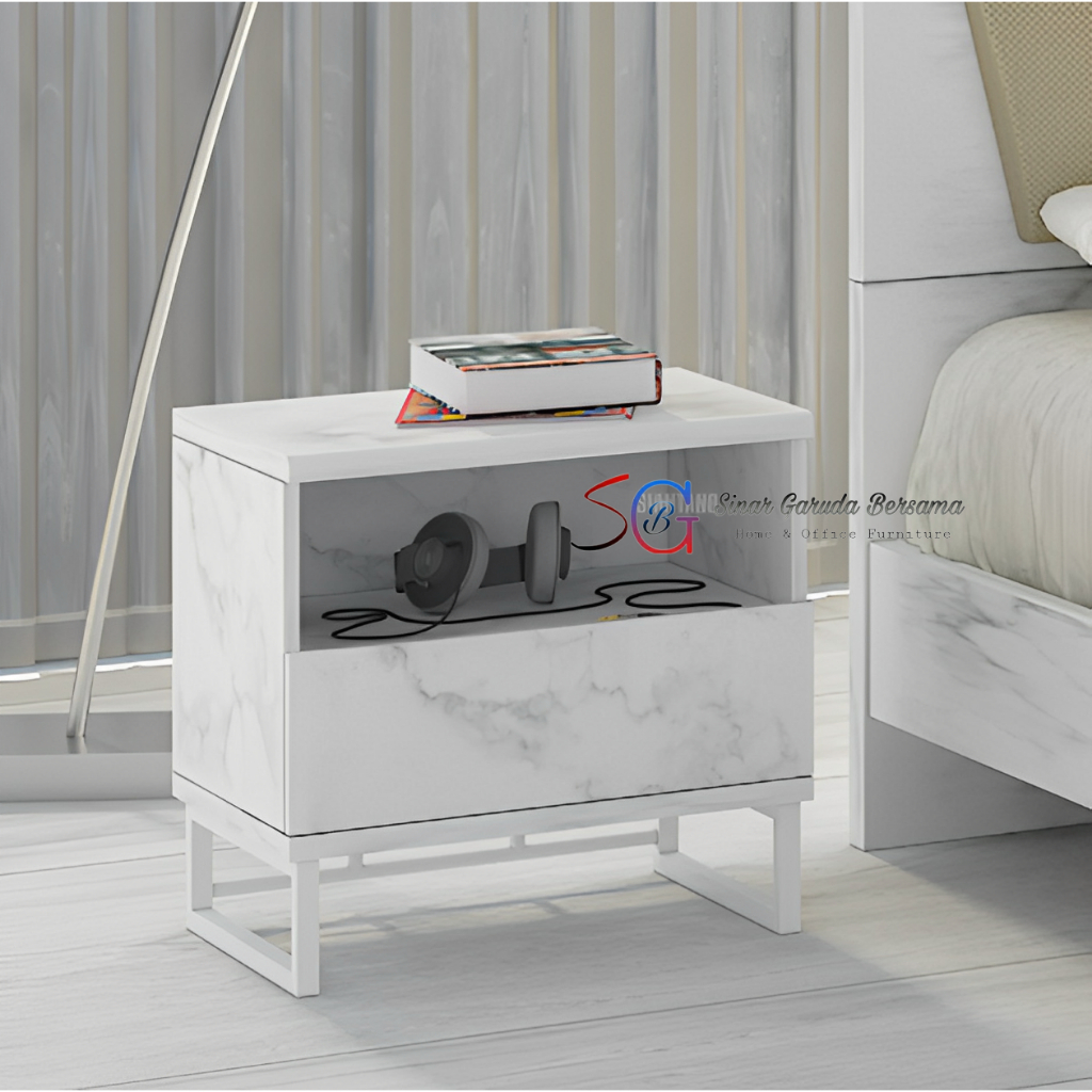 NAKAS KASUR / MEJA SAMPING KASUR / MEJA SAMPING TEMPAT TIDUR KAKI BESI MOTIF MARBLE PUTIH SIANTANO N