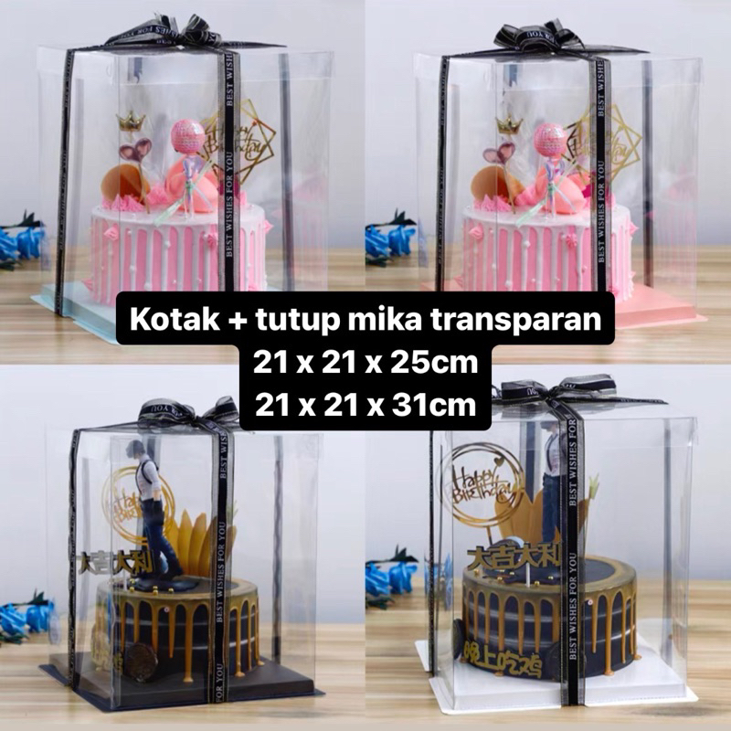 

Kotak mika transparan (Box + tutup bening) 21x21x25cm 21x21x31cm / Kemasan cake bunga buket