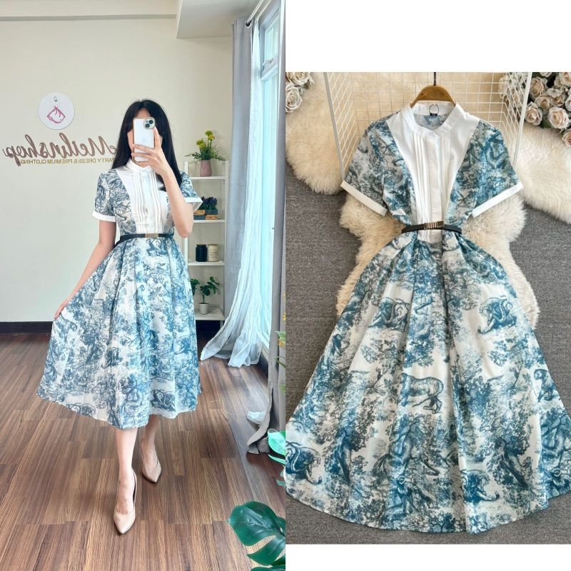 Blue Ceramic Midi Dress Mewah/ gaun biru putih party casual/Gaun Kondangan/Casual/Gereja Korean