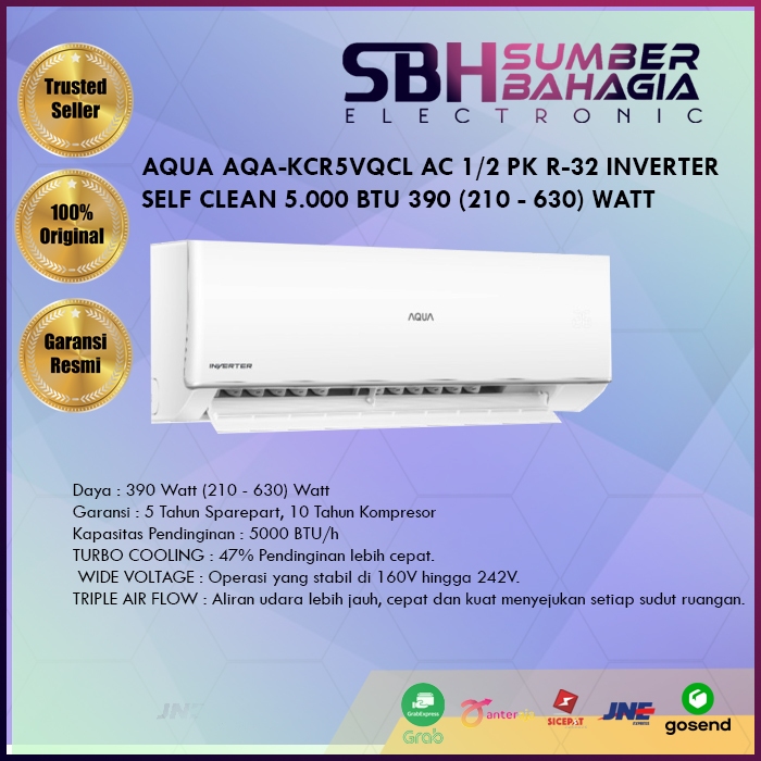 AQUA AQA-KCR5VQCL AC 1/2 PK R-32 INVERTER SELF CLEAN 5.000 BTU 390 (210 - 630) WATT (NEW) HARGA UNIT
