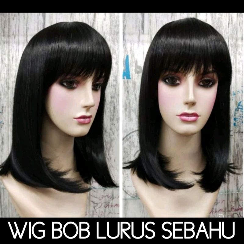 Wig Wanita model Bob Lurus Sebahu Gaya Wanita Asli Indonesia Rambut Palsu Model Bob Poni Panjang 40 