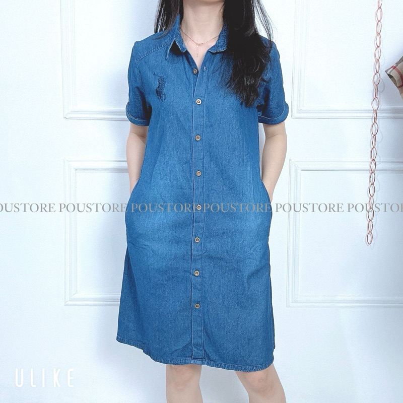 Denim Dress Bordir Polos Lengan Pendek - Biru Denim