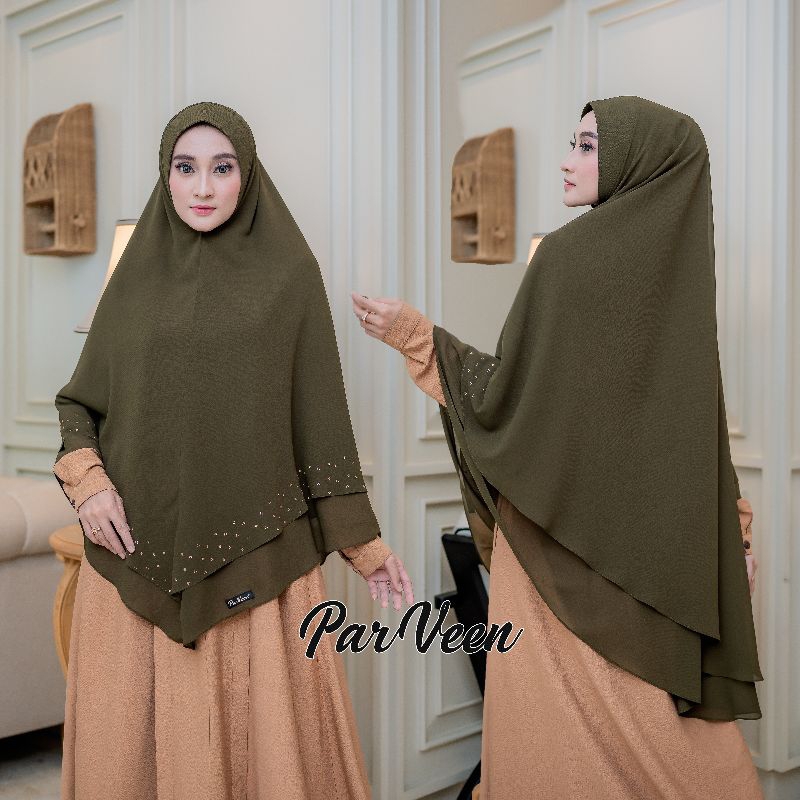 Khimar Parveen Swarovski Kode P51 - Khimar Ceruty 2 Layer Pet Antem Premium