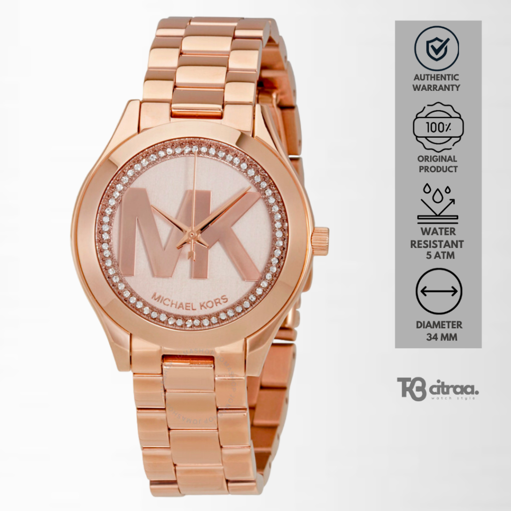 Jam Tangan Wanita Michael Kors Mini Slim Rose Gold Stainless Steel Mewah Original MK3549