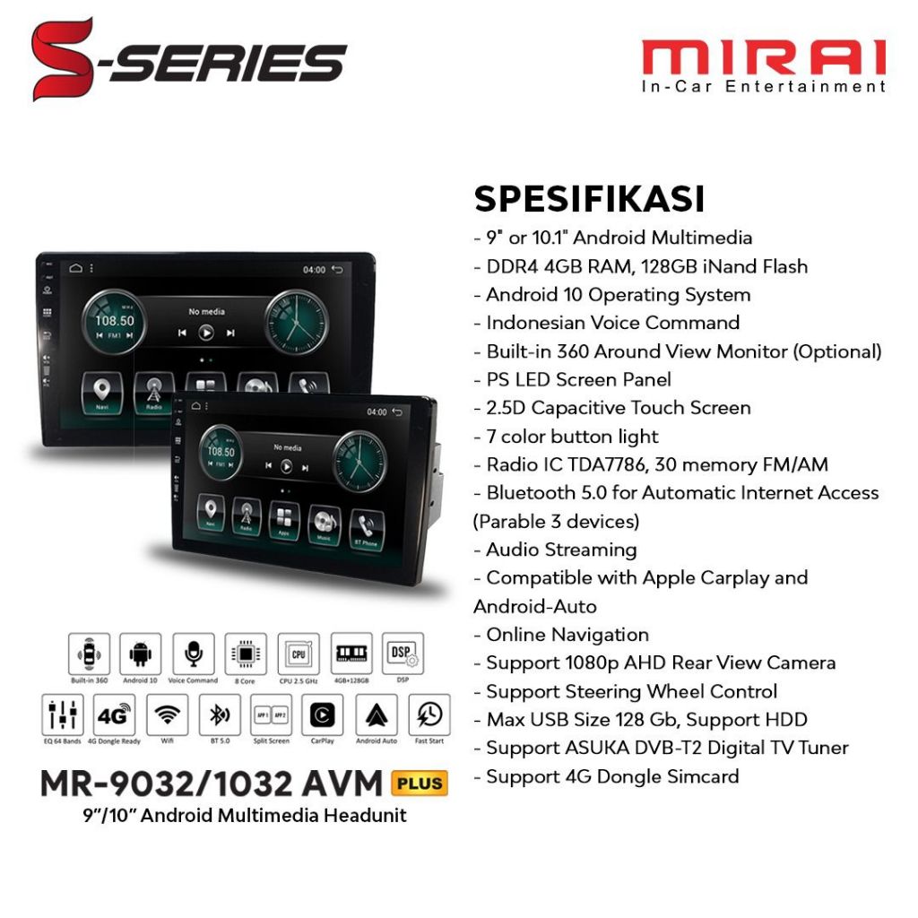 HEADUNIT ANDROID MIRAI MR-9032 AVM S SERIES 4/128 FREE KAMERA 360
