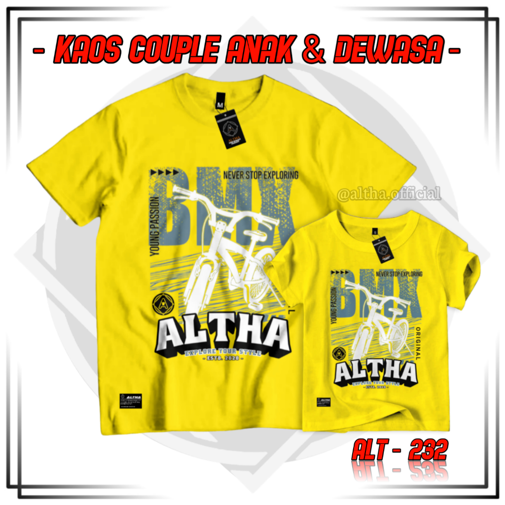 (COD) KAOS DISTRO COUPLE ANAK & DEWASA ALTHA CODE ALT 232 KUNING SEPEDA BMX || BAJU ANAK 1-12 TAHUN 