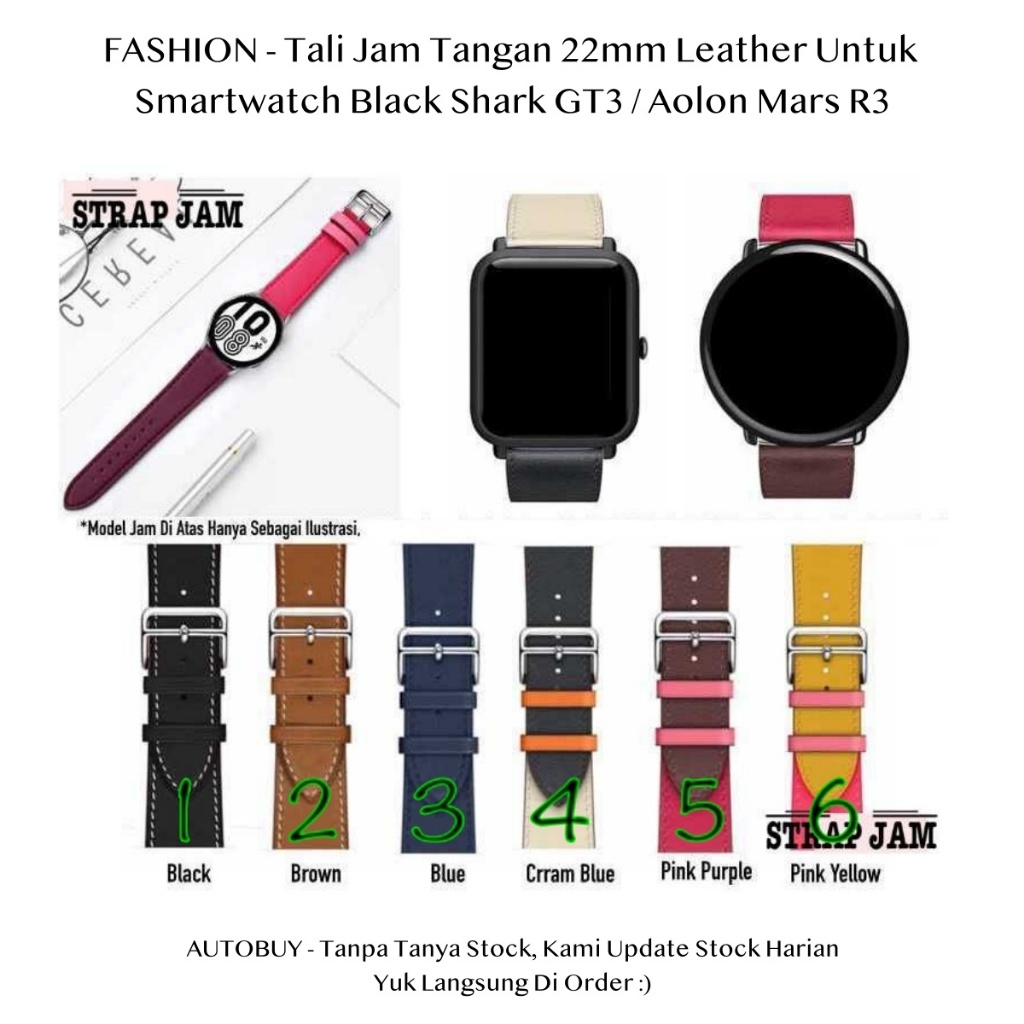 Fashion 22mm Leather Strap Smartwatch Black Shark GT3 / Aolon Mars R3 - Tali Jam Tangan Kulit Stylis
