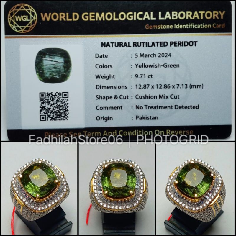 Cincin Perak Natural Green Rutilated Peridot Cushion + Memo Lab