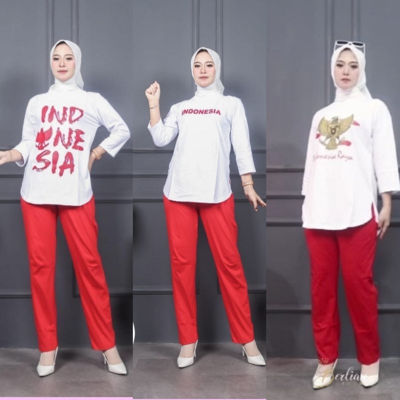 Stelan kulot combad wanita merah putih/oneset merah putih dewasa