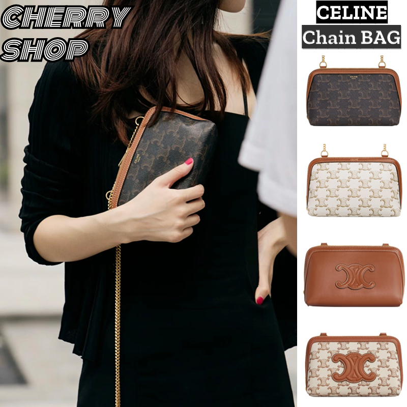 100% authentic Celine Logo-print lambskin chain pouch Crossbody & Shoulder Bags