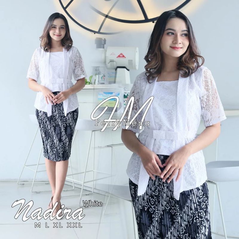 Setelan Kebaya Brokat Modern Atasan Kebaya Kutu baru Lengan Pendek Nadira Mix Rok Plisket Batik