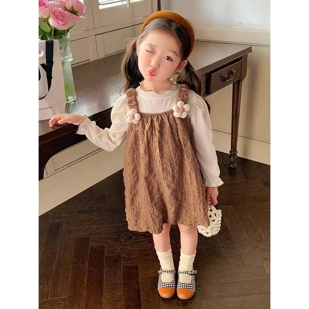Dress Bludru 2in1 Anak Cewek Model Baju Dalaman Lengan Panjang Serut Rok Jumpsuit Plisket Motif Bung