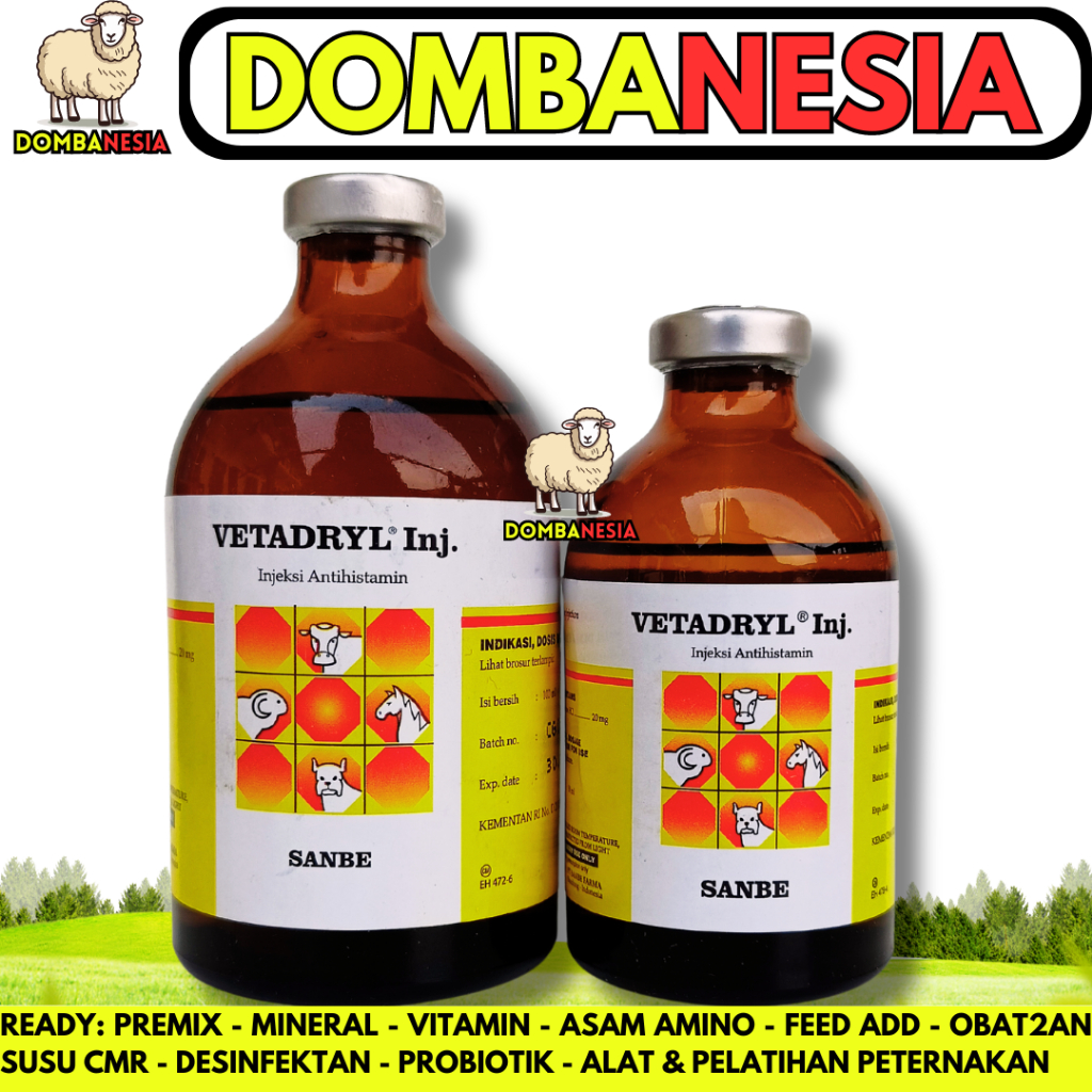 VETADRYL INJEKSI 50ml & VETADRYL 100ml SANBE - Obat Antihistamin Hewan Sapi Kuda Domba Kambing Babi 