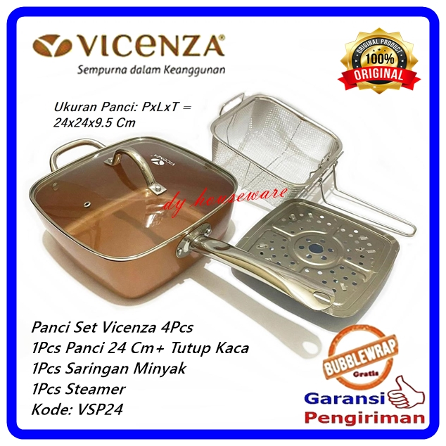 Panci Set 4Pcs Tutup Kaca Peniris Minyak Penggorengan Kukusan Steamer Vicenza VSP-24