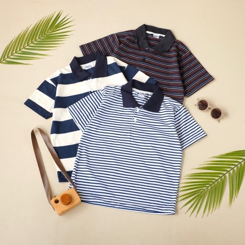[ PAKET 12 PCS ] Kaos Kerah Anak Wangki Polo Rib Salur Stripe Laki-laki Perempuan 1-12 Tahun Garis K