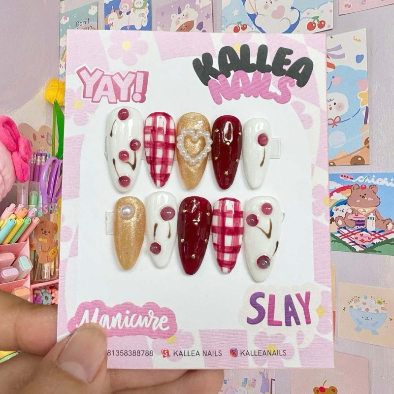 (KALLEA NAILS) PRESS ON NAILS KUKU PALSU MAROON CHERRY MERAH / Kuku Palsu / Weeding / Engagement / W