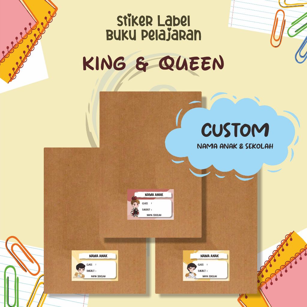 

( 30pcs ) Stiker Label Buku Pelajaran TEMA KING & QUEEN / Stiker Mapel Sekolah / Stiker Custom Nama Anak / Stiker Label Efek Hologram