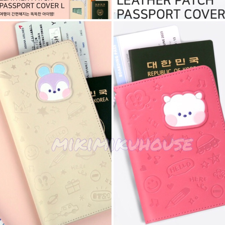 KODE L37E OFFICIAL MININI BT21 LEATHER PASSPORT COVER KEYRING LEATH PATCH PASSPORT CASE LARGE INSIDE