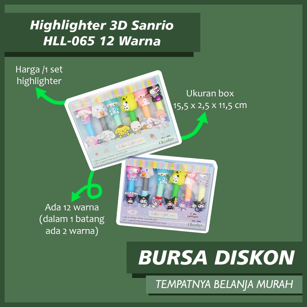 

Highlighter 3D Sanrio HLL65 12 Warna Spidol Pastel Marker Textlighter Textliner Makaron Pastel x F5G6