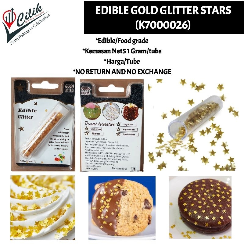 

edible foodgrade aman dikonsumsi makanan sprinkle glitter metalik gold emas bentuk bintang topper makanan minuman dekorasi cupcake cake bolu bento kue tumpeng puding star topping