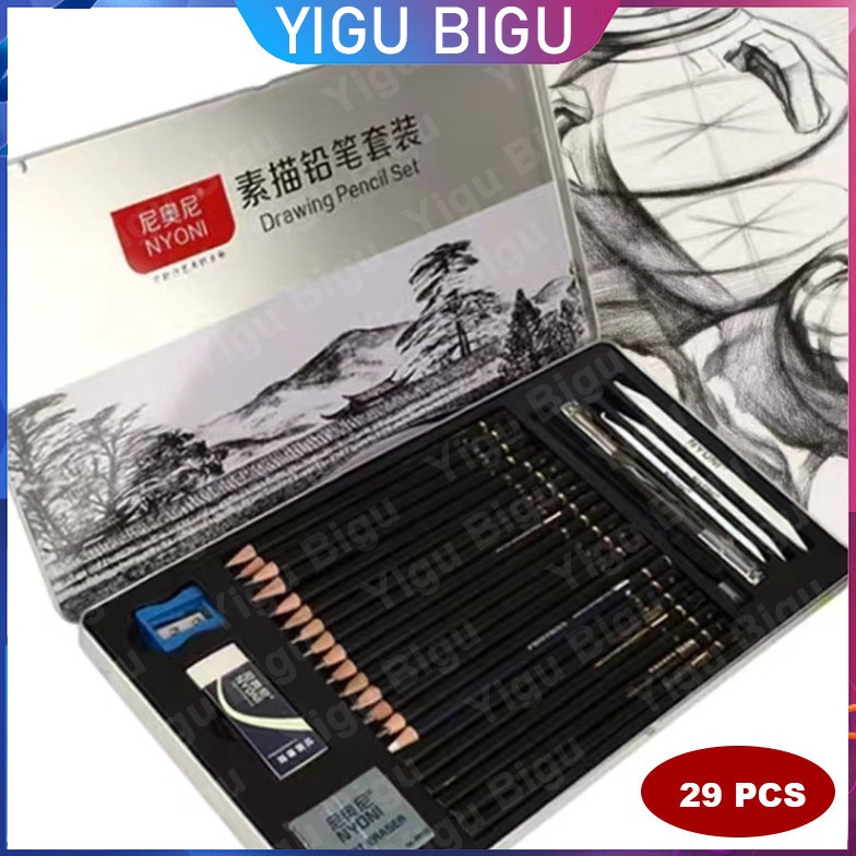 

29 Pcs Pensil Sketsa Set Pensil Kotak Besi Tirai Pensil Set Lengkap Alat Gambar Tangan Siswa Pensil Arang Lembut Profesional q KH6