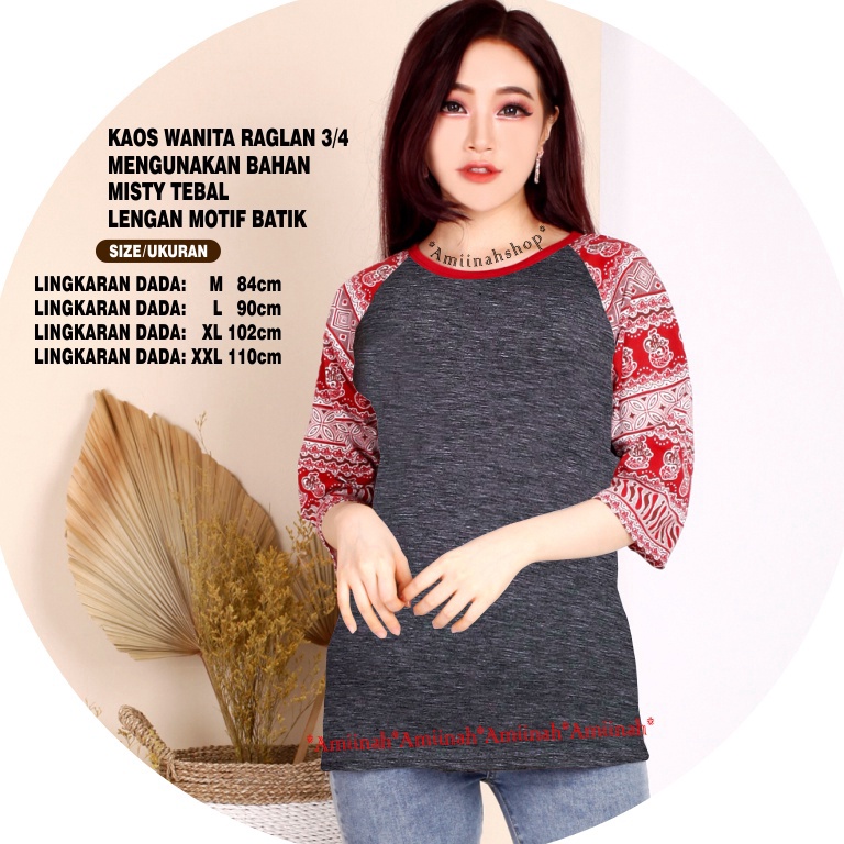 KODE F44T CODKaos Wanita POLOS BATIK Kaos Raglan 34 M81 Model Kombinasi Batik Kaos Cewek Kaos Oblong