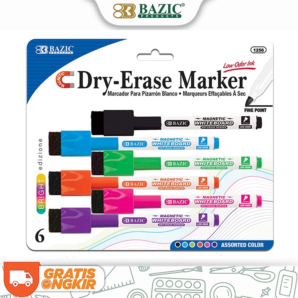 

Bazic Bright Color Magnetic DryErase Markers 6Pack Spidol Papan Tulis Include Penghapus l D6R9