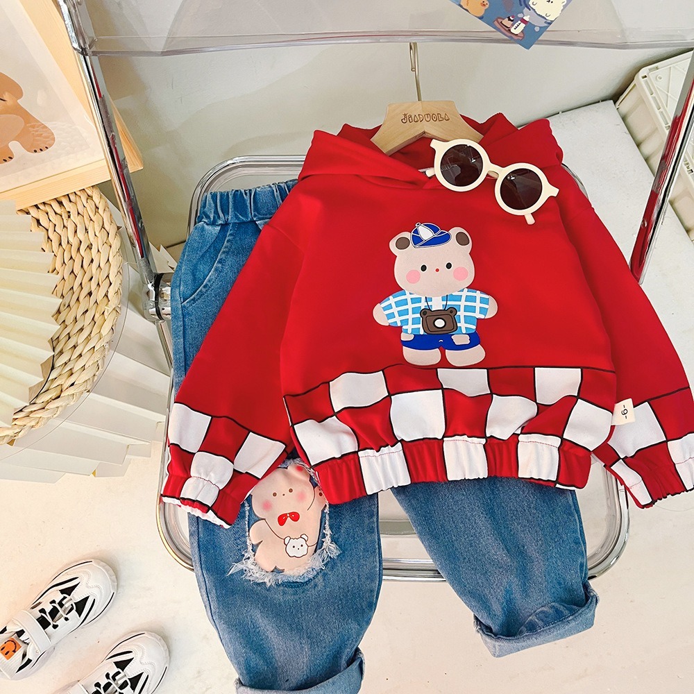 Setelan Anak Laki Laki Usia 1-4 Tahun | Baju Sweater Hoodie Oversize Kotak Kotak Beruang | Celana Je