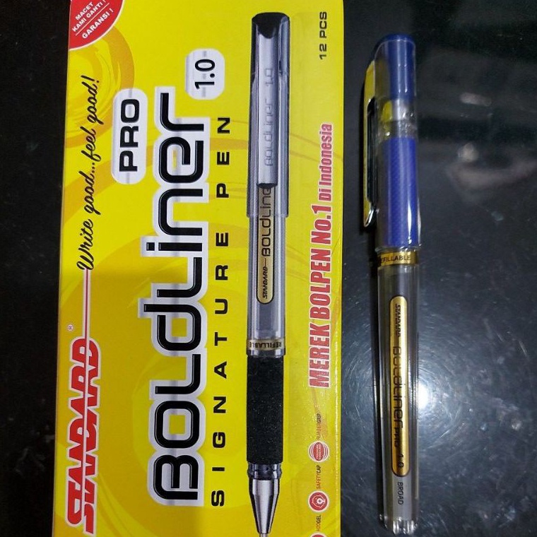 

pen standar boldliner 1 sisa warna biru dan hitam tertera harga selusin 12 pcs o P4J4