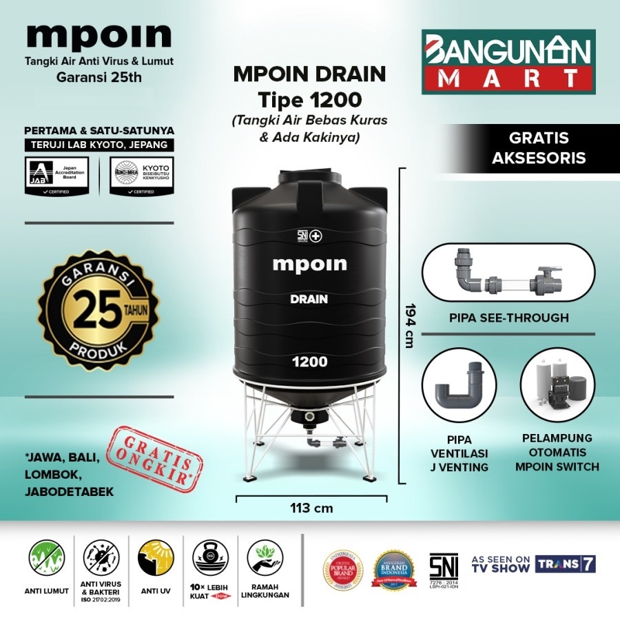 Tangki Air Toren MPOIN DRAIN 1200 Hitam Tangki drain Bebas Kuras plus Kaki