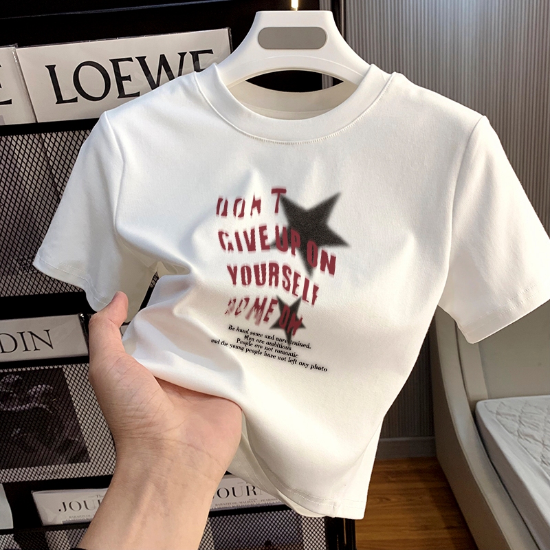 XiaoZhaiNv baju atasan wanita terbaru crop top  Korea Lengan Pendek Kaos Wanita Pentagram Print | Ka