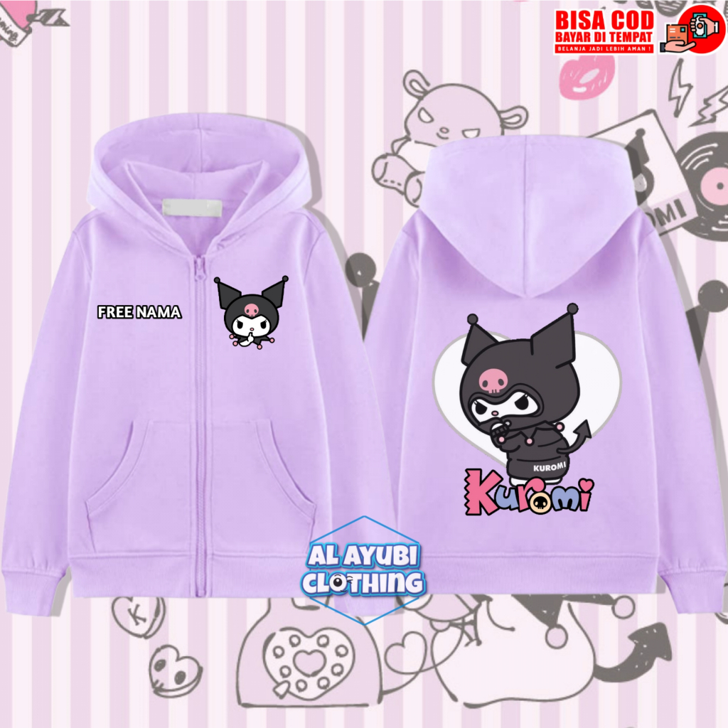 Jaket Hoodie Anak Kuromi Perempuan / Hoodie Zipper Anak Kuromi Free Nama